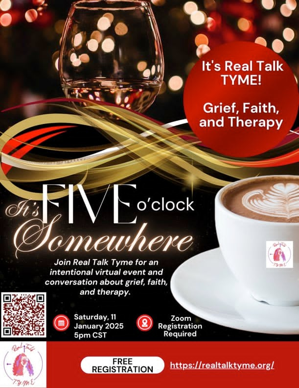 Flyer for Real Talk Tyme virtual event on grief, faith, and therapy.