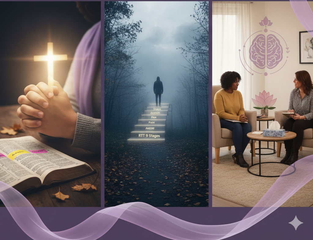 A triptych collage illustrating the journey of healing through grief. The left panel shows hands in prayer over a Bible, representing faith. The center panel shows a figure on glowing steps in a dark forest, representing the stages of grief. The right panel shows two women in a therapy session, representing professional support.