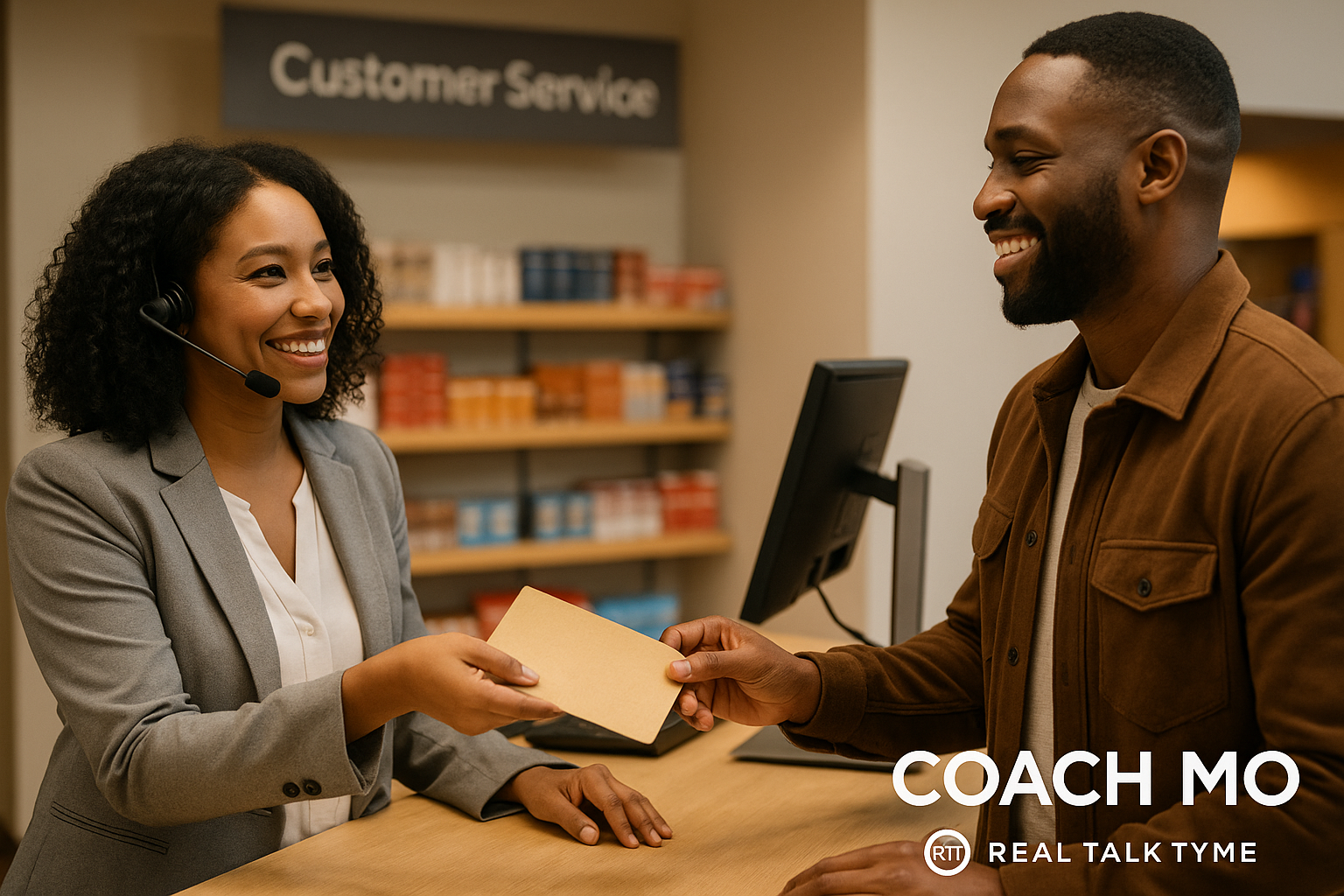 A customer service representative smiling and kindly serving a customer.