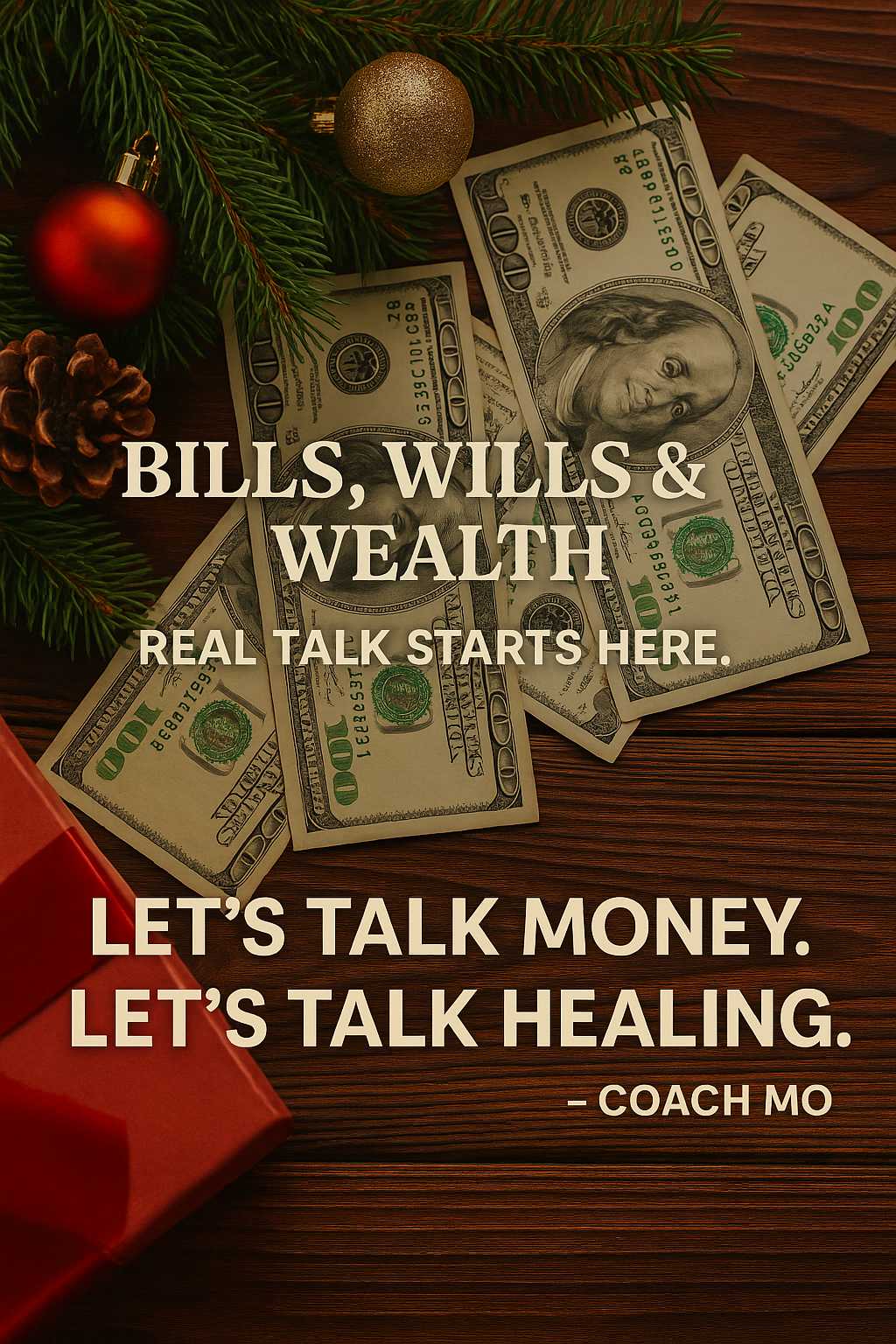 A holiday-themed image featuring money, a red ribbon-wrapped gift, and Christmas greenery, symbolizing the intersection of holiday spending and financial planning. Text overlay reads: 'BILLS, WILLS & WEALTH - REAL TALK STARTS HERE. LET'S TALK MONEY. LET'S TALK HEALING. – COACH MO'