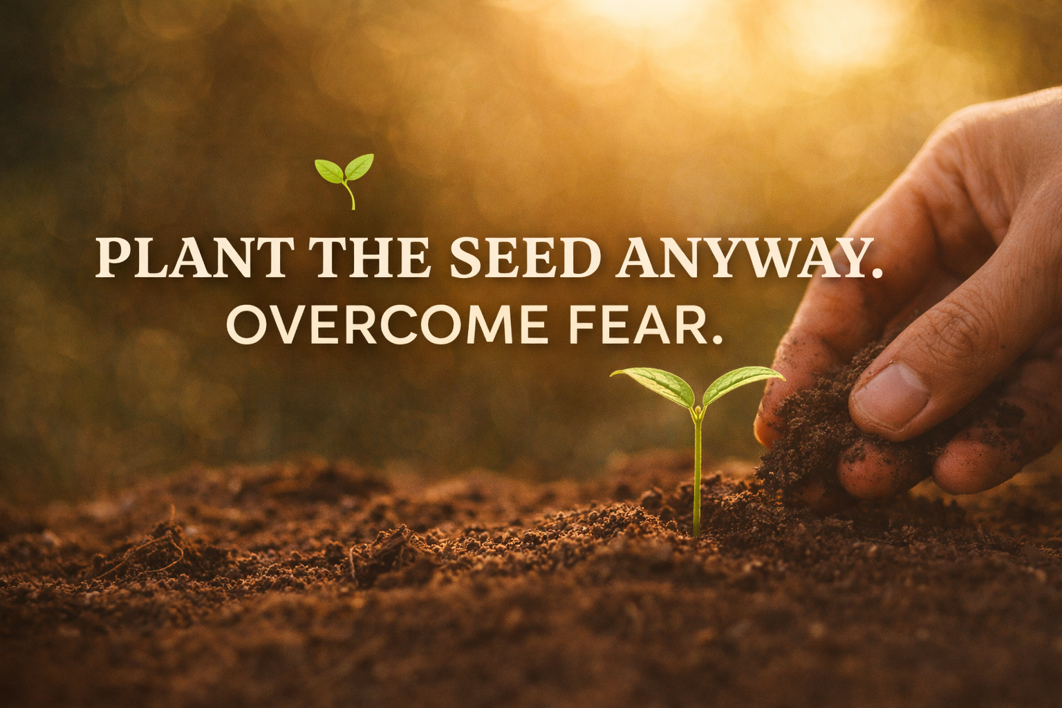 A hand gently planting a small green sprout in rich dark soil under warm golden sunlight. Text overlay reads PLANT THE SEED ANYWAY. OVERCOME FEAR.