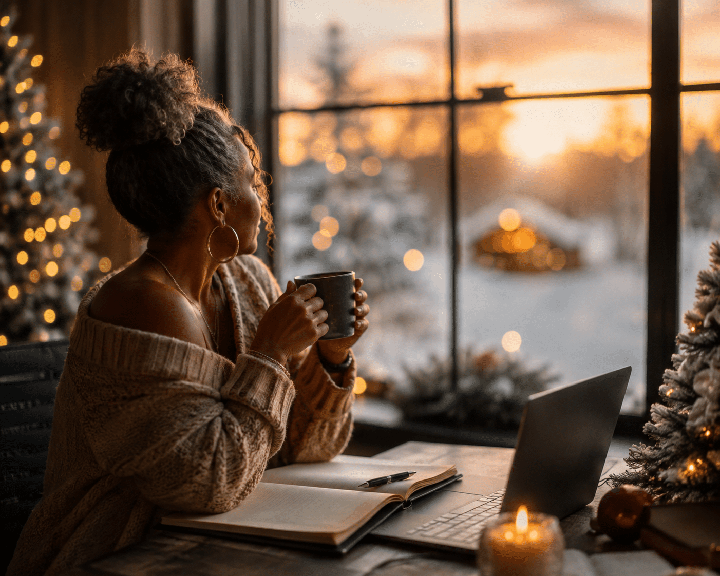 Woman looking thoughtfully out a window with a cup of coffee
