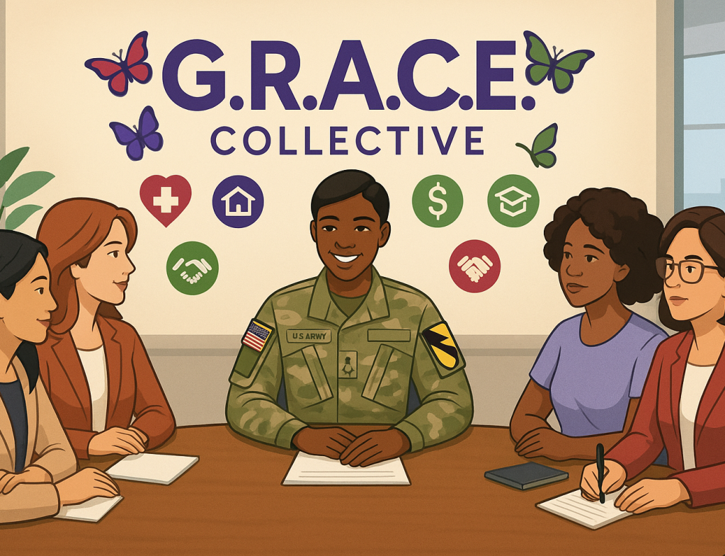 An illustration of the G.R.A.C.E. COLLECTIVE, featuring a smiling Woman Veteran in a U.S. Army uniform at a table with four diverse women in a supportive meeting. Above them, icons for health, housing, finance, and education represent the group's key pillars, with the title and butterflies overhead.