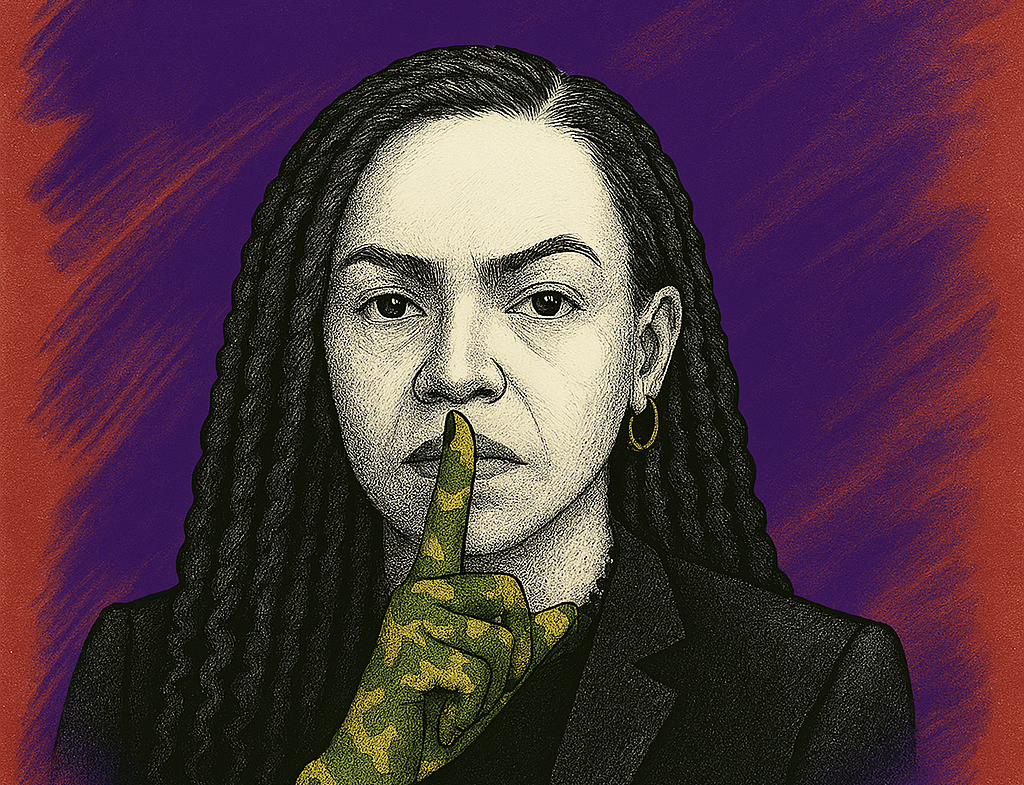 A striking, textured illustration of a determined woman with dark, textured hair, wearing a dark blazer. Her right index finger, adorned with a camouflage pattern, is pressed to her lips in a gesture that commands attention. Above her, the bold white text "S.H.U.S.H." is displayed. The background is a distressed split of red and purple, symbolizing past trauma and emerging empowerment.